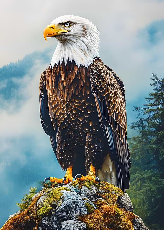 Majestic Bald Eagle on Mossy Rock