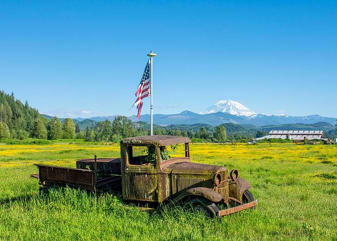 Vintage Truck with American Flag
