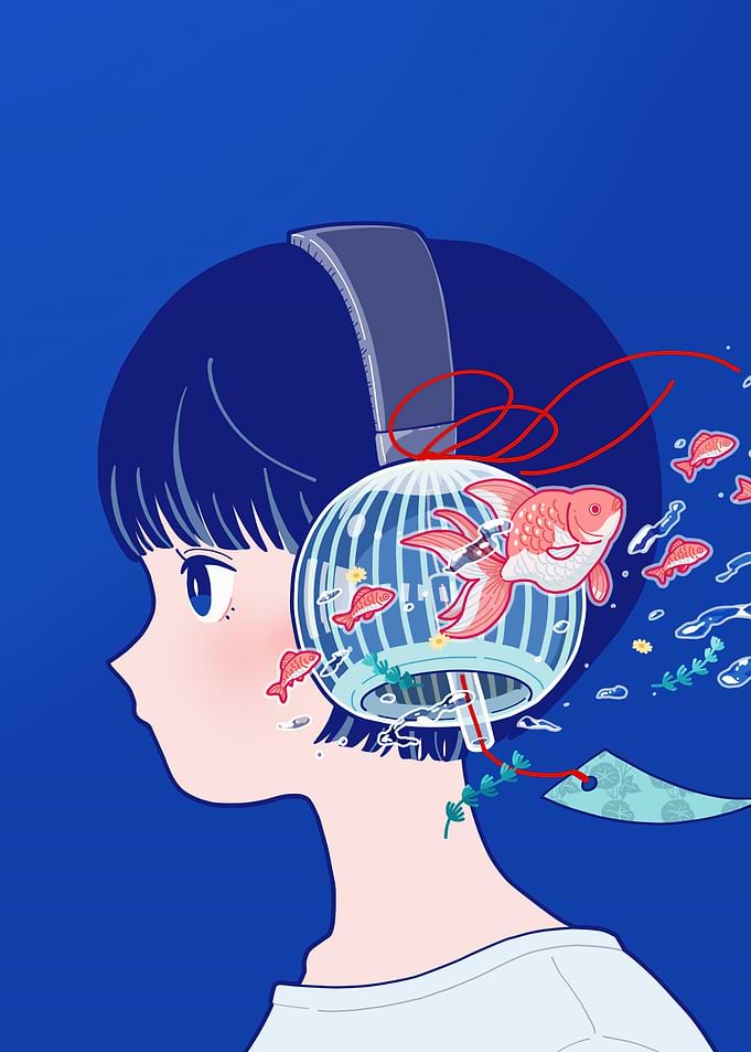 Girl with Fishbowl Headphones Illustration