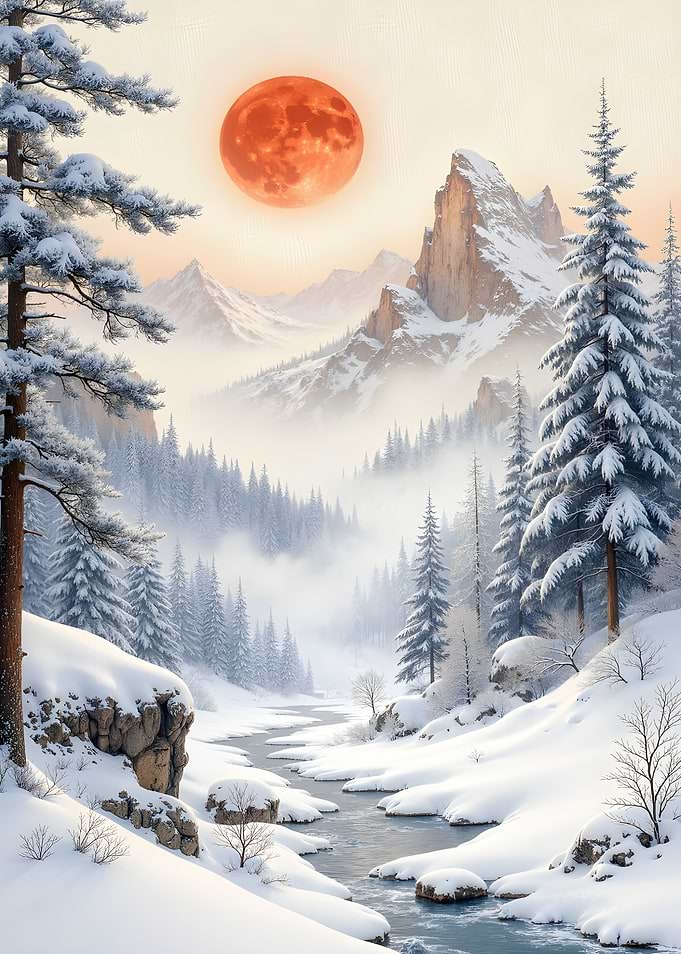 Winter landscape with red moon