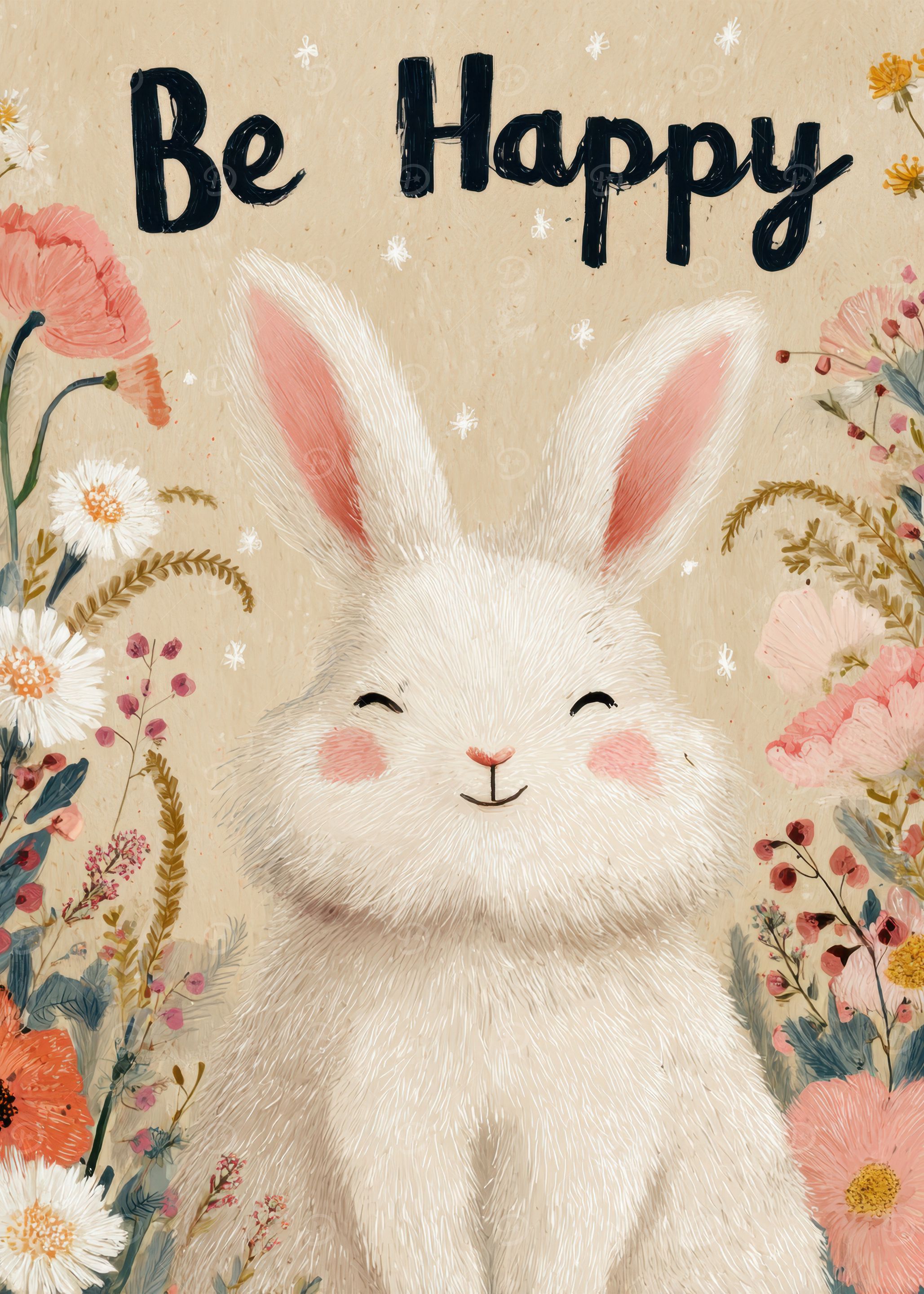 Be Happy Bunny Floral Illustration