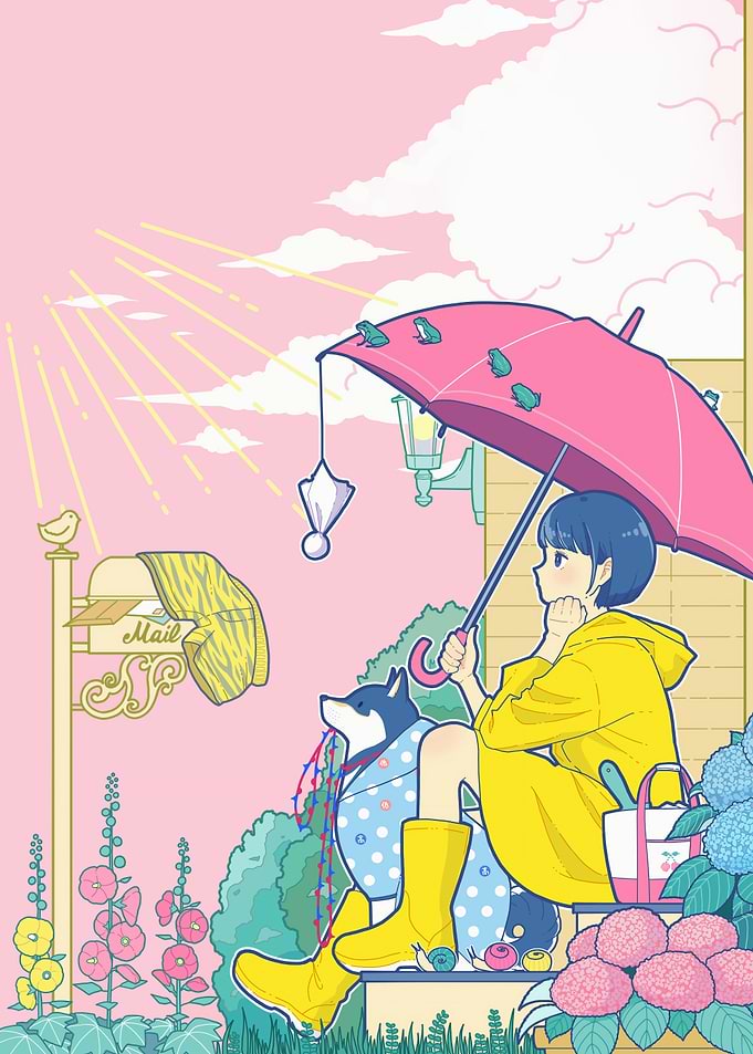 Rainy Day Anime Girl and Dog