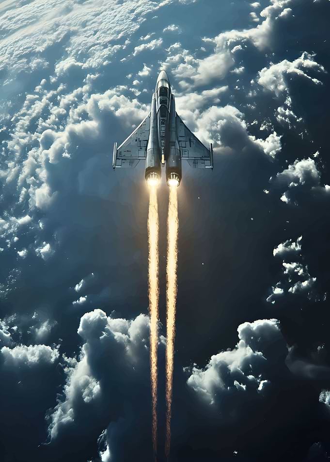 Jet plane flying through clouds