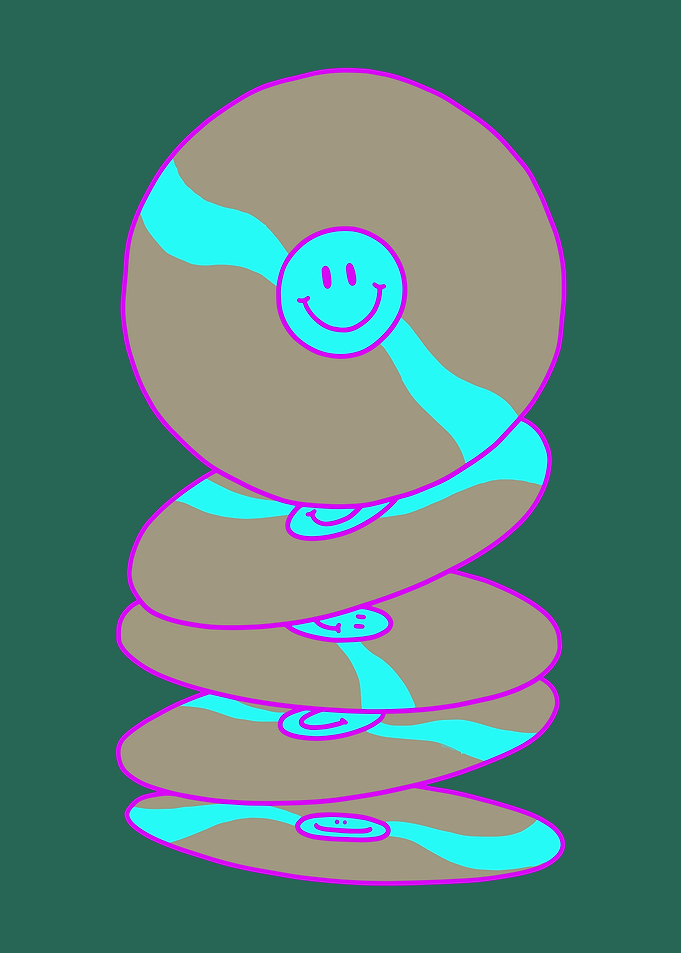 Stacked Smiley Discs on Green Background