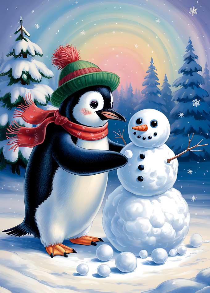 Penguin Building a Snowman in Winter