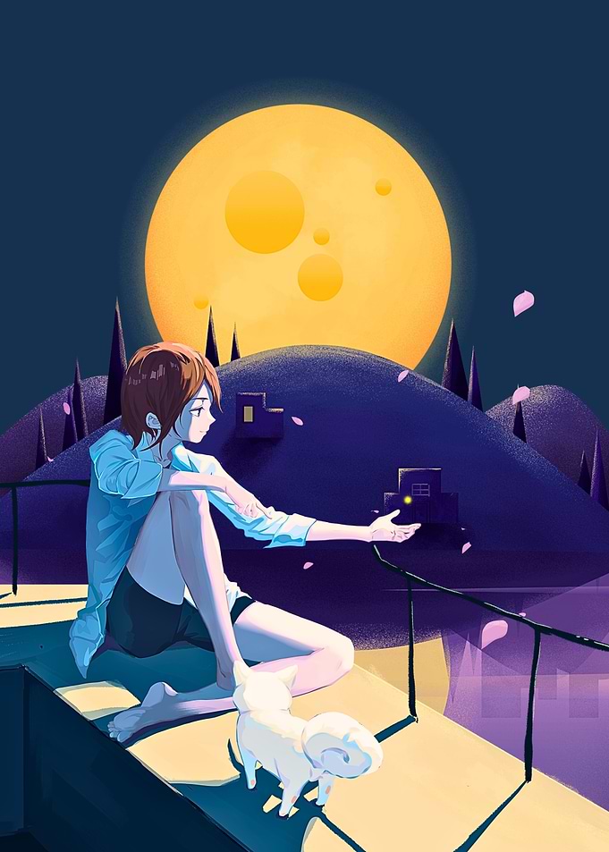 Girl, Cat, and Moonlit Landscape