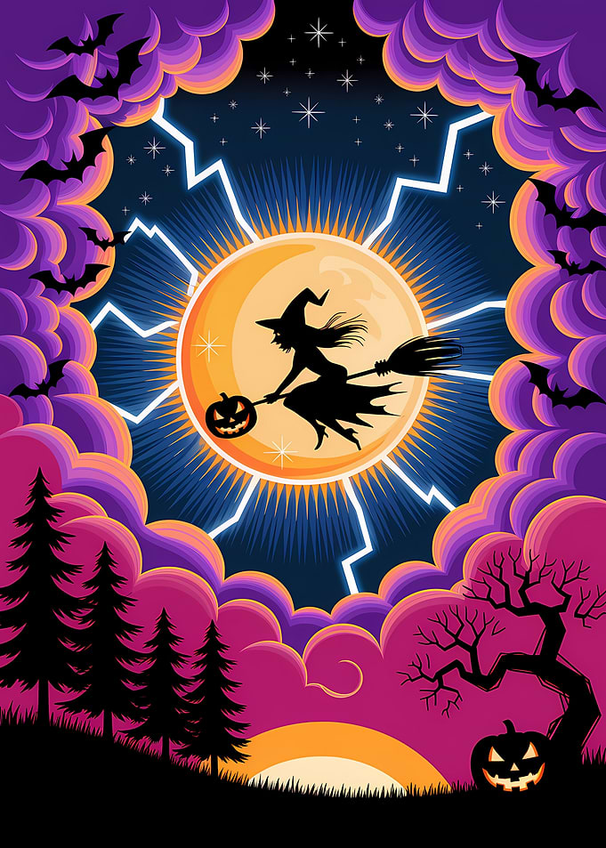Halloween Witch Flying on Broomstick