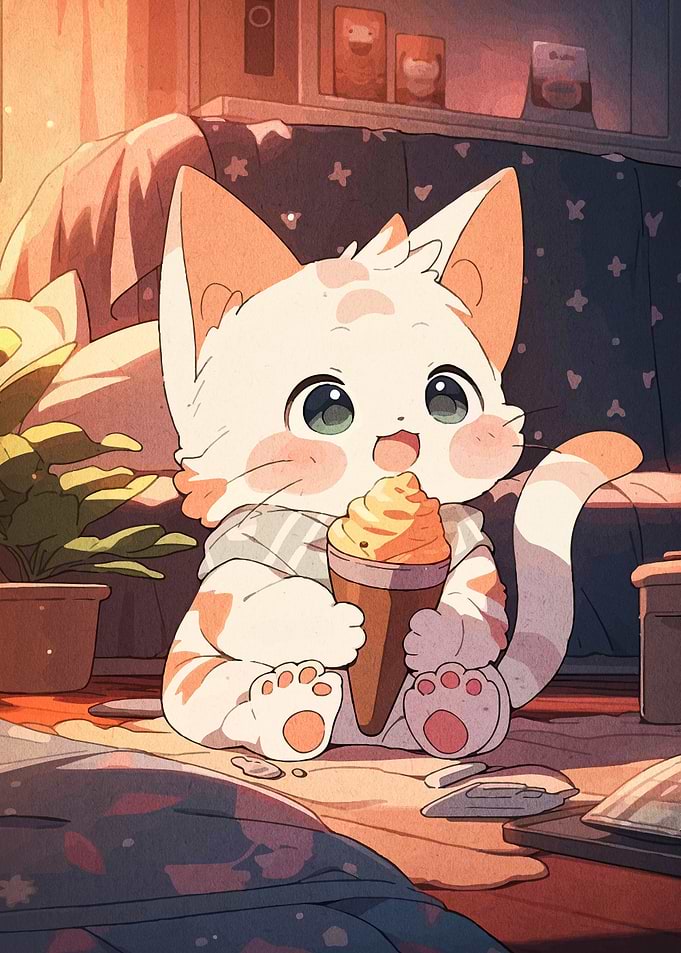 Cute Cat Eating Ice Cream Cone
