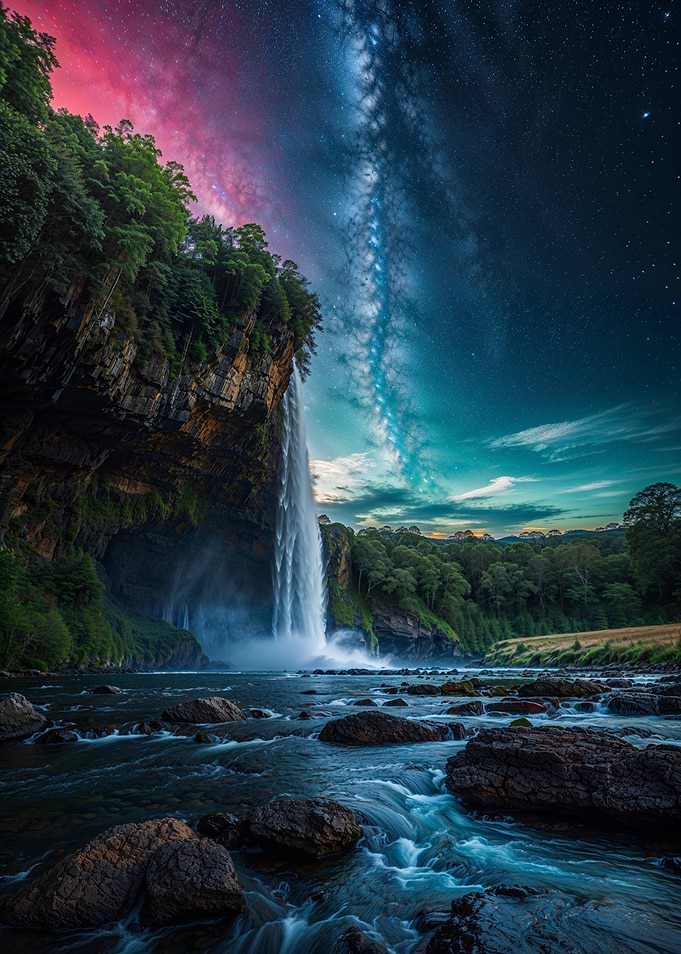 Majestic Waterfall Under a Starry Sky