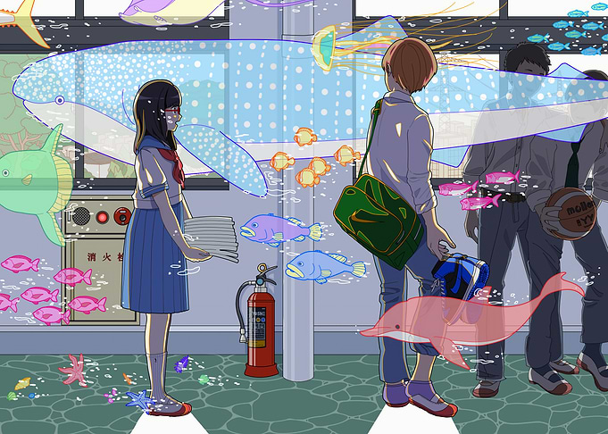 Surreal School Scene with Marine Life
