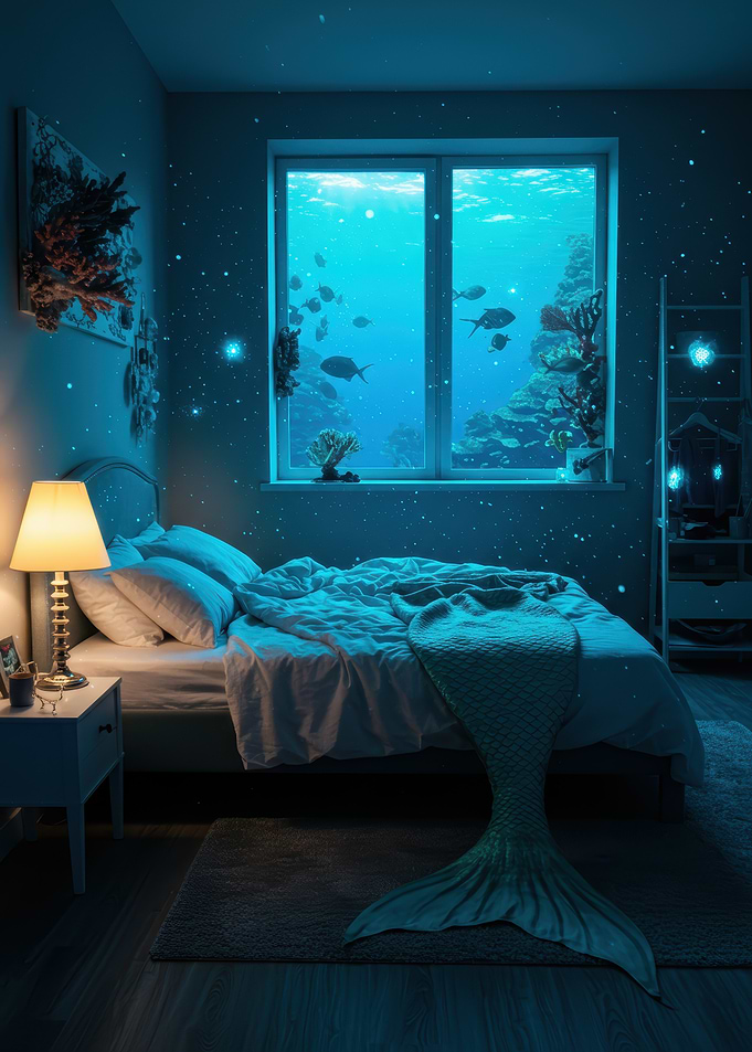 Underwater Bedroom with Mermaid Tail Blanket