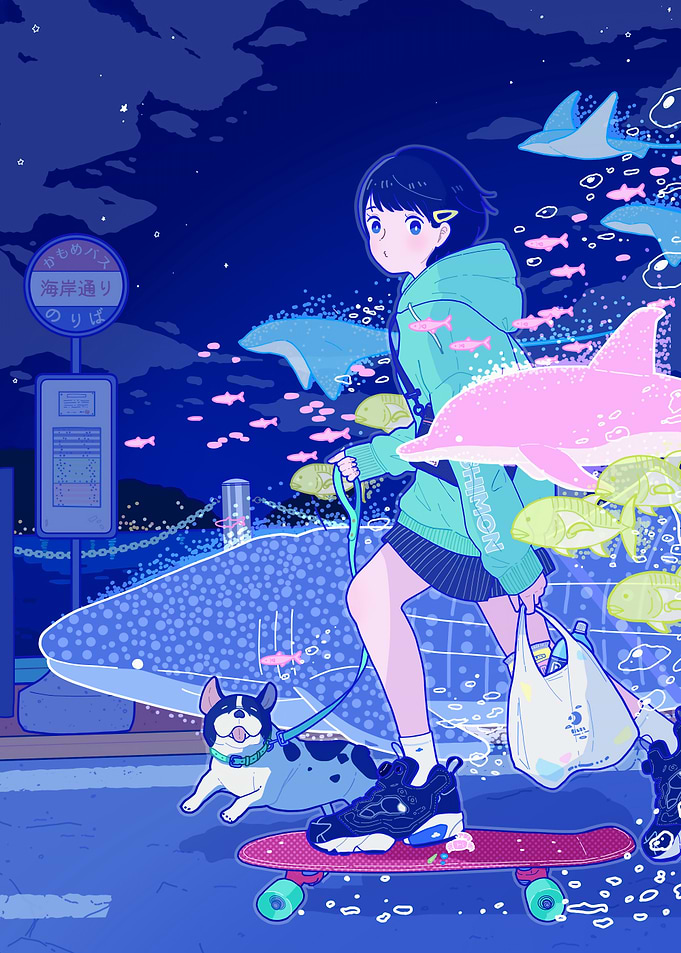 Anime Girl with Dog on Skateboard
