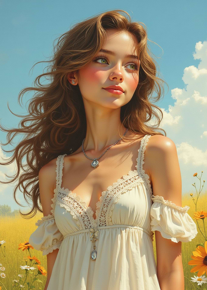 Girl in white dress in field