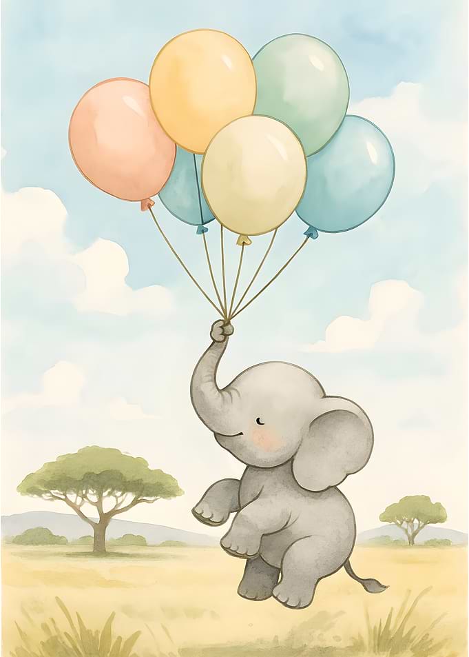 Watercolor Elephant Flying with Balloons