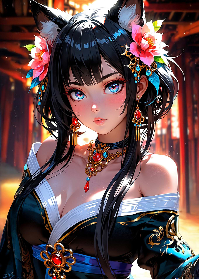 Anime Girl with Fox Ears and Flowers