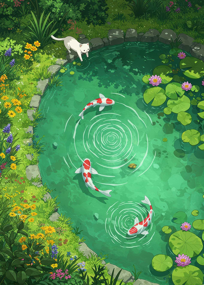 Koi Pond with Cat and Lilies