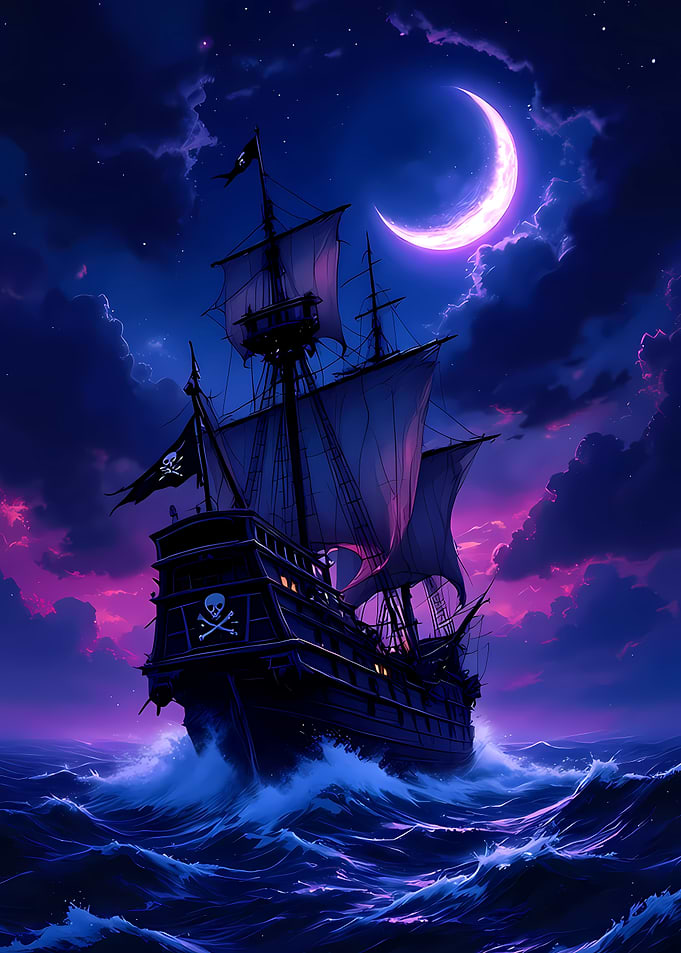 Pirate Ship Sailing Under Crescent Moon