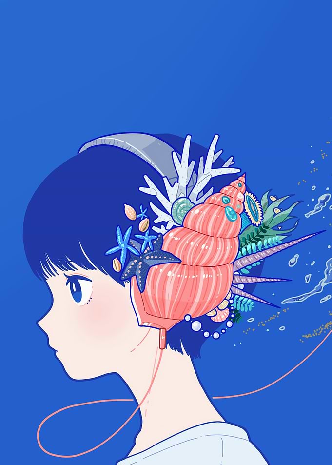 Seashell Headphones Anime Girl Illustration