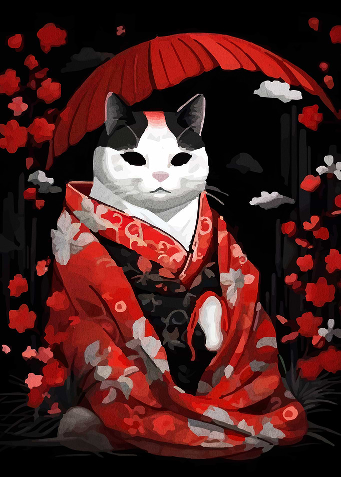 Cat in Kimono with Umbrella