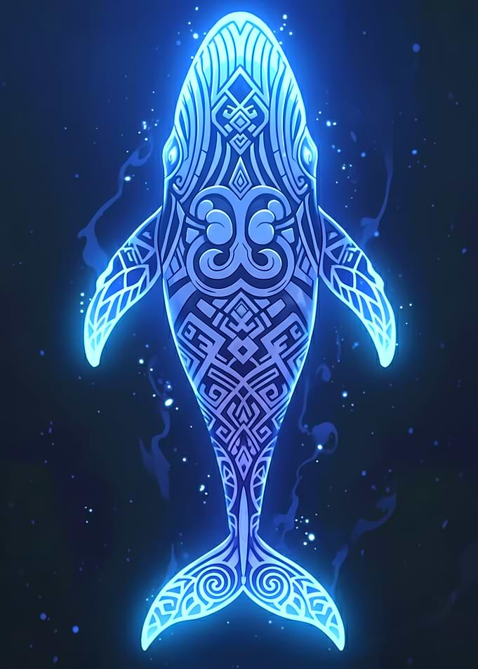 Glowing Blue Whale with Tribal Patterns