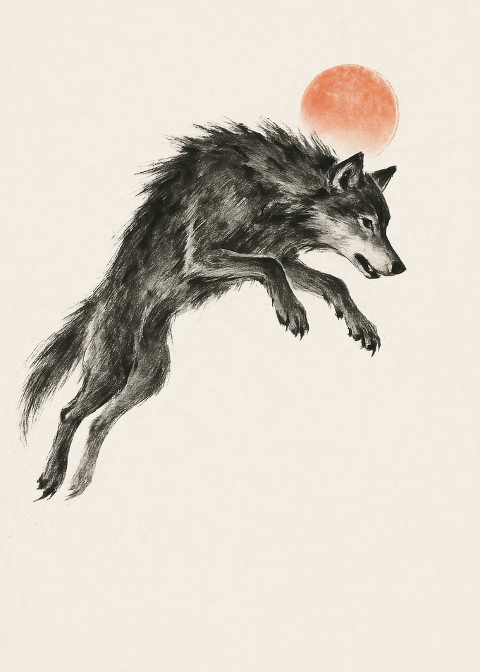 Leaping Wolf with Red Sun