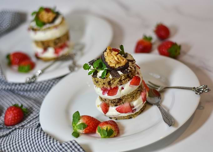 Strawberry Shortcake Stacks on White Plates
