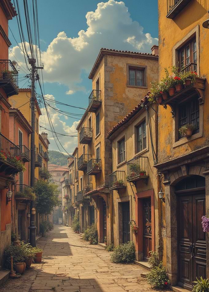 European street with yellow buildings