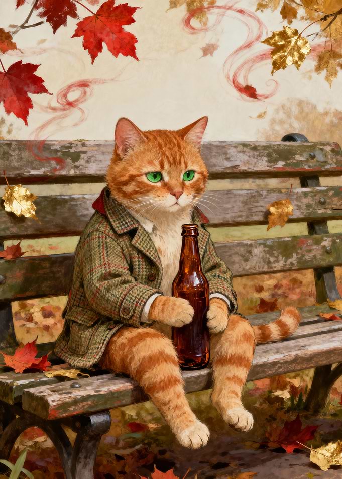 Anthropomorphic Cat with Beer on Bench