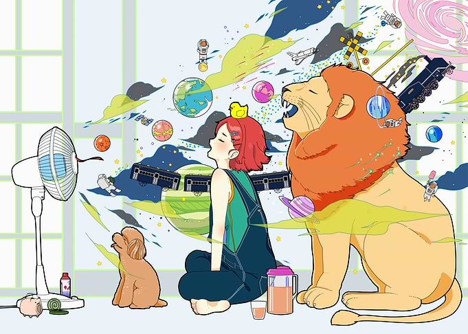 Imaginative Scene with Girl, Lion, and Dog