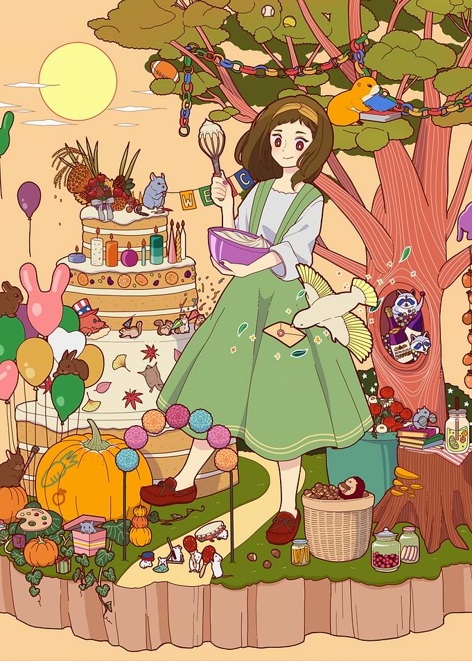 Whimsical Baking Scene with Girl and Animals
