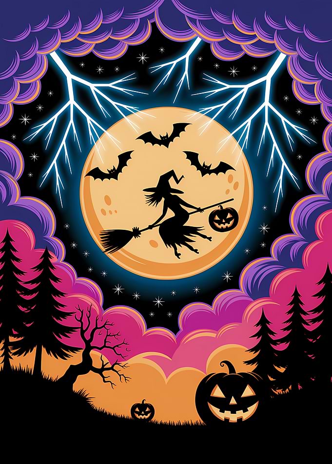 Halloween Night Witch and Pumpkins