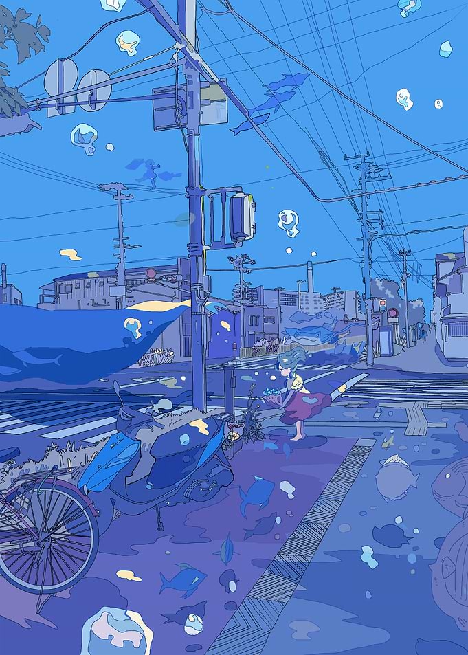 Blue Cityscape with Fish and Girl
