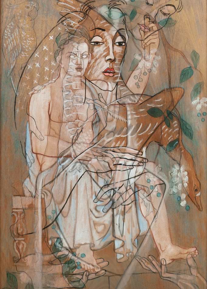 Surreal layered portrait with bird and figure by francic picabia
