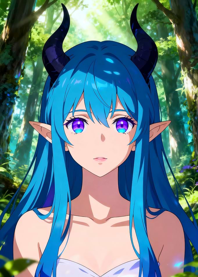 Anime Elf Girl with Horns in Forest