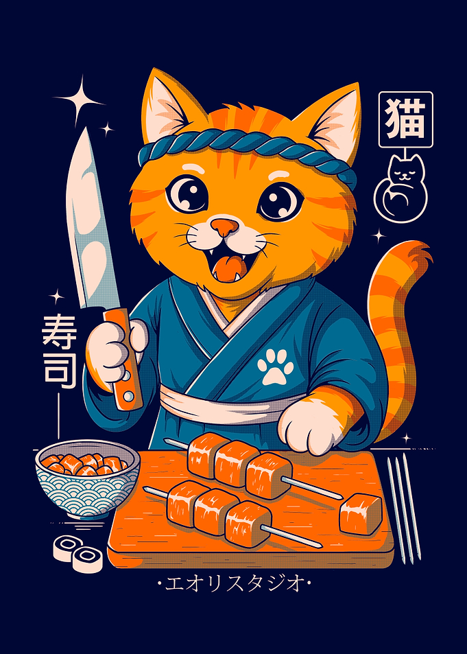 Cat Sushi Chef Cartoon Illustration