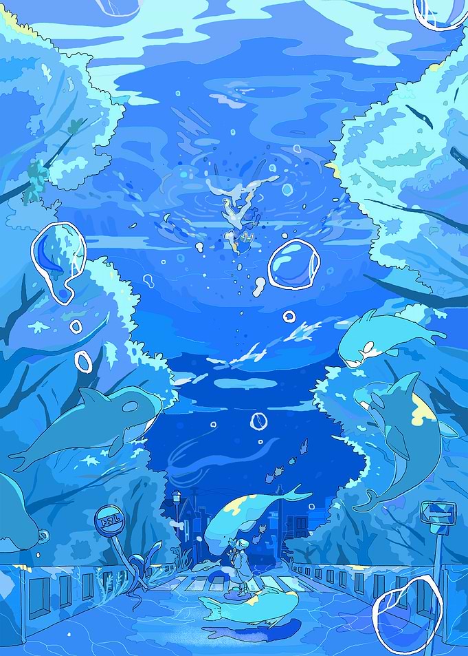 Underwater Cityscape with Whales and Figure