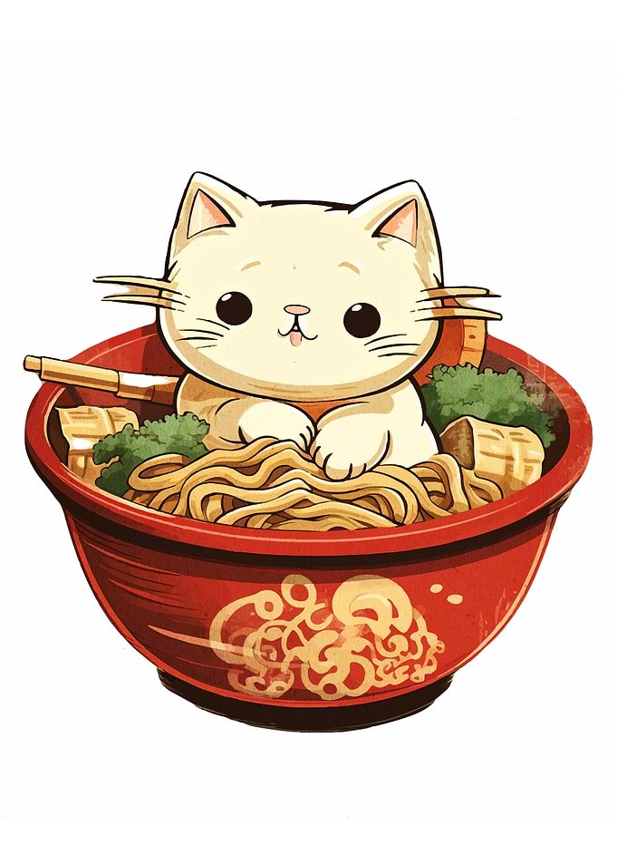 Cat in Ramen Bowl Illustration