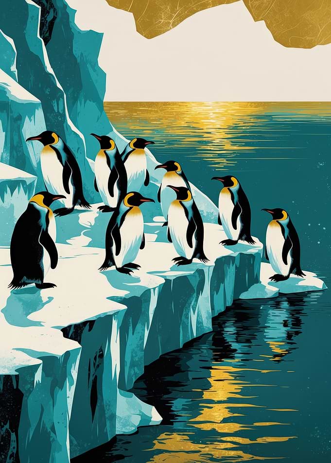 Arctic Sunset Penguins — Retro Travel Poster