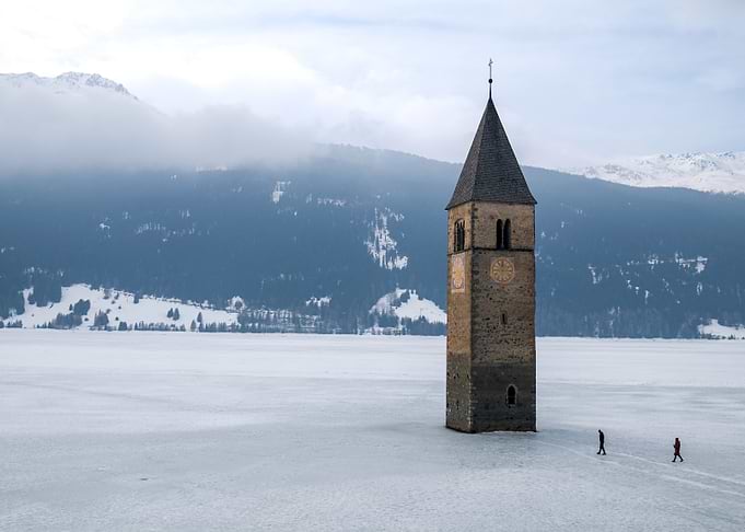Reschensee Church Tower in Winter