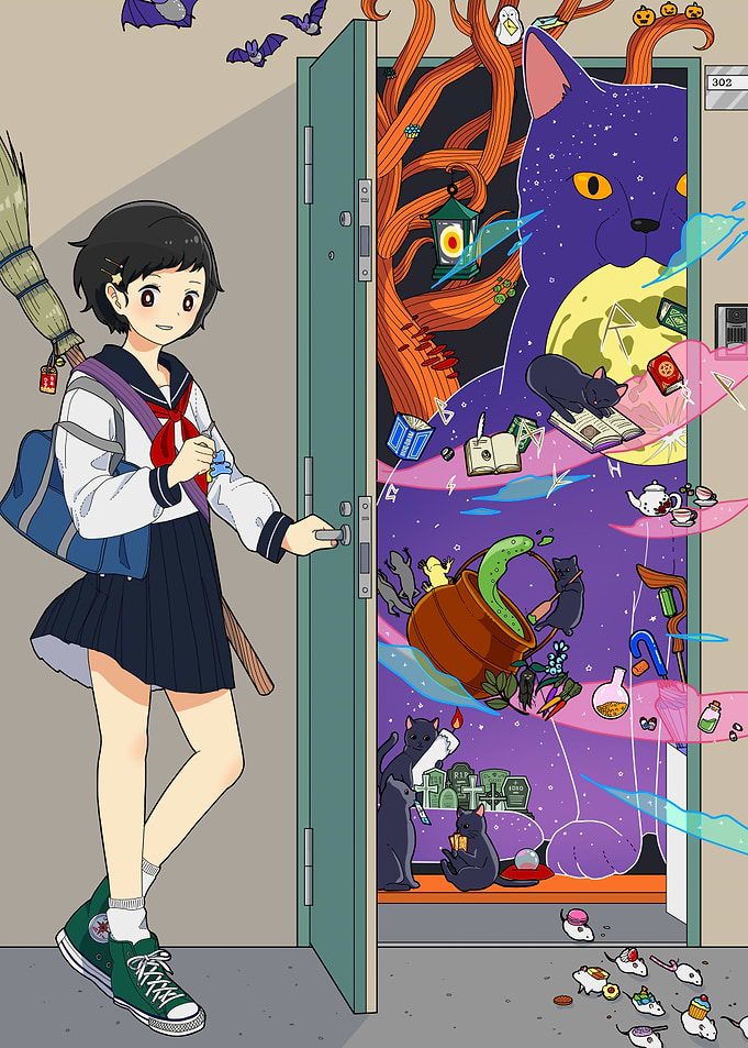 Anime Girl Opening Door to Fantasy World
