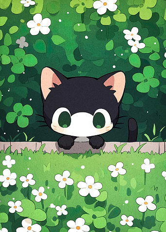 Cute Cat in Garden Illustration