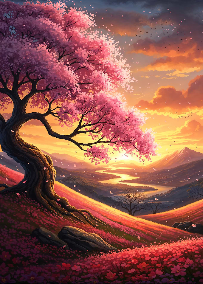 Cherry Blossom Tree Landscape at Sunset