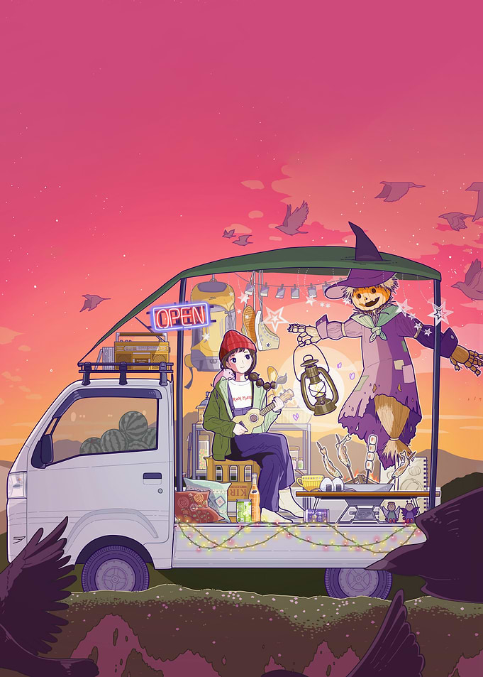 Mobile Shop with Girl and Scarecrow