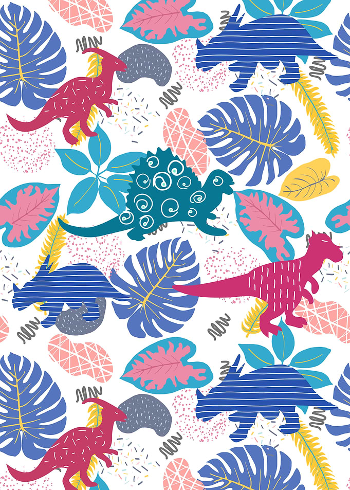 Colorful Dinosaur and Tropical Leaf Pattern