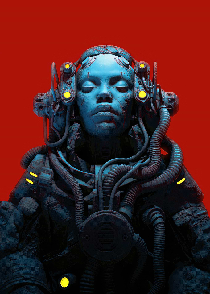 Cyberpunk Woman Portrait with Red Background