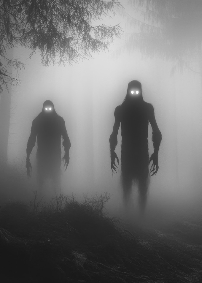 Eerie Figures in Foggy Forest