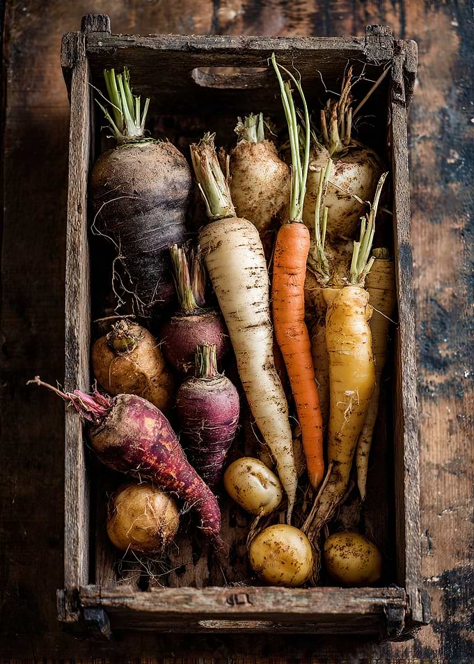 Wooden crate filled with root vegetables
