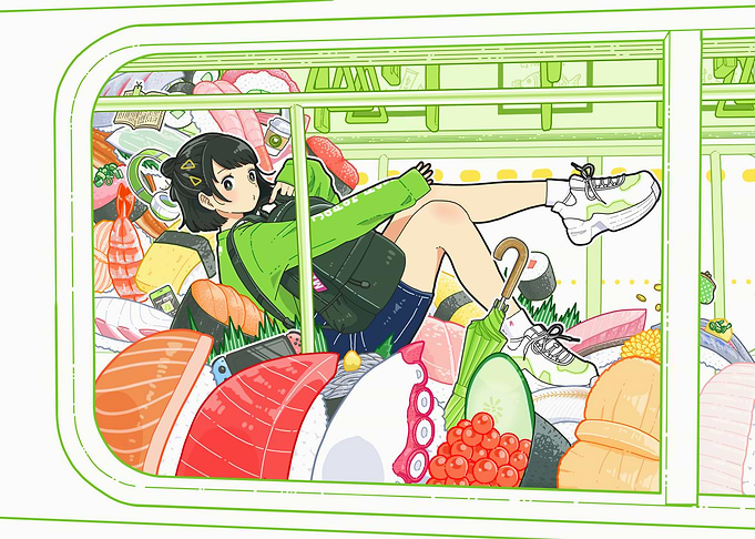 Sushi Train Ride with Anime Girl