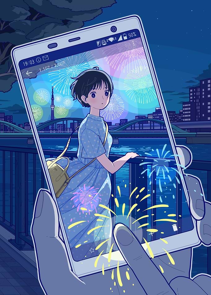 Anime Girl Fireworks Phone Screen