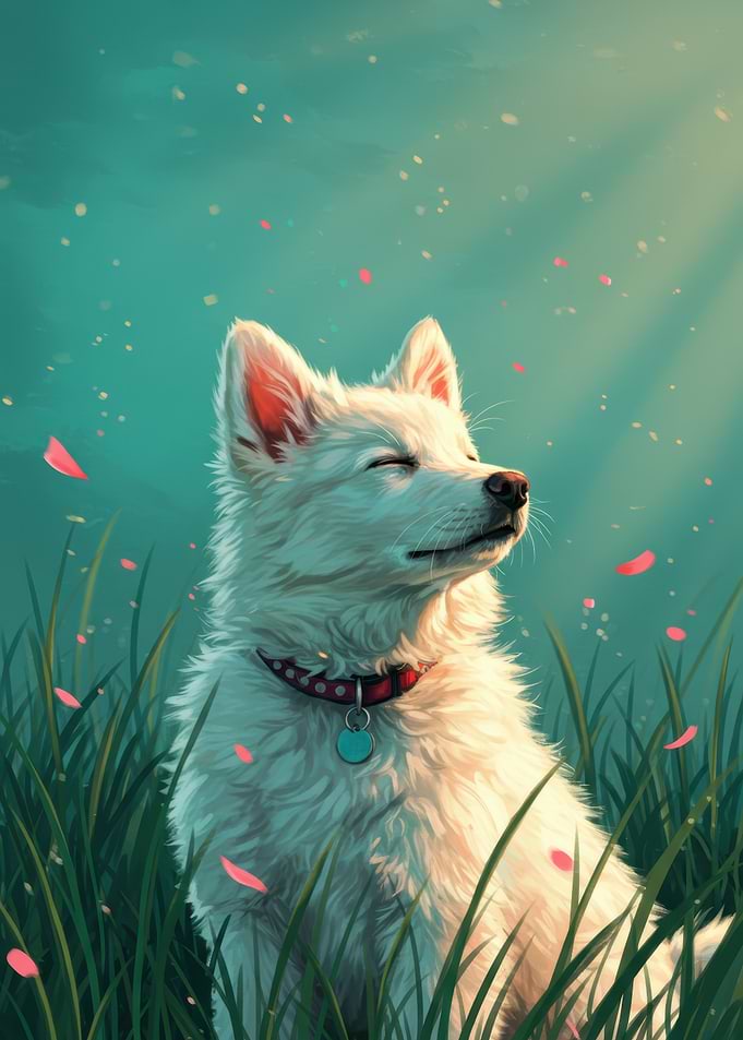 Dog in Meadow with Falling Petals